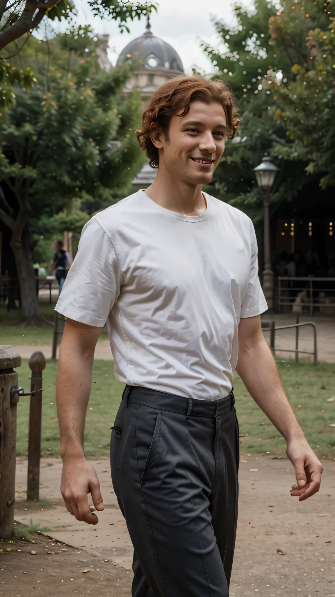 france man, red curly hair, walking in the zoo, wearing shirt and trousers, smile, view in the zoo with animals
