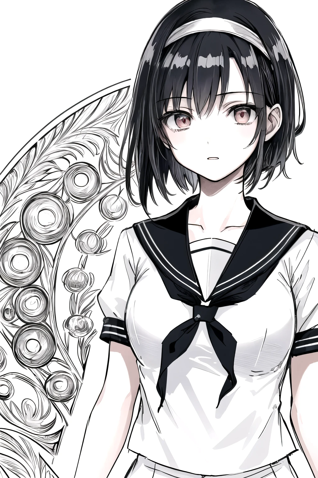 ((Masterpiece)),((High quality)),((High resolution)),((Extremely accurate and detailed representation of the human body)), An 18-year-old girl. Japanese. Wears a short-sleeved sailor uniform. Short hair. Hairband. Has a mysterious and enigmatic aura with elements of horror.