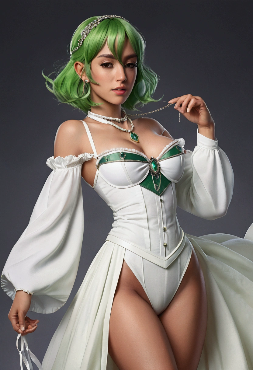 (masterpiece, best quality:1.3), Rizdraws, Thin Lineart, male, solo, looking at viewer, flat chest, feminine male, green hair, full body, cowboy shot, :o, necklace, bare shoulders, strapless dress, vambraces, belt, white dress, white thighhighs, single thighhigh, holding staff, palutena, parted bangs, tiara, big butt,