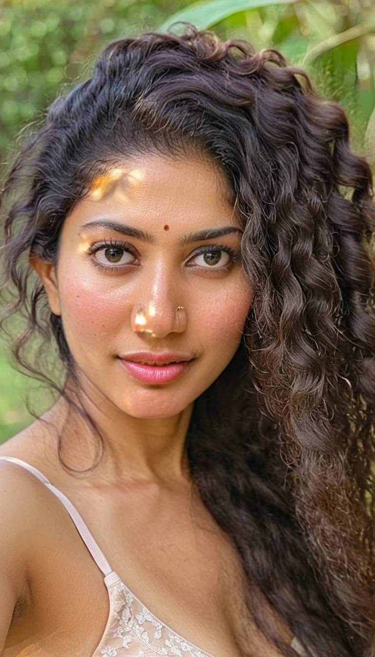 ultrarealistic hires close up photo of a 325-year-old sai pallavi woman, outdoors, realistic skin texture, looking looking at camera, free curly hair, in bef, in lingerie, realistic skin, taking selfie