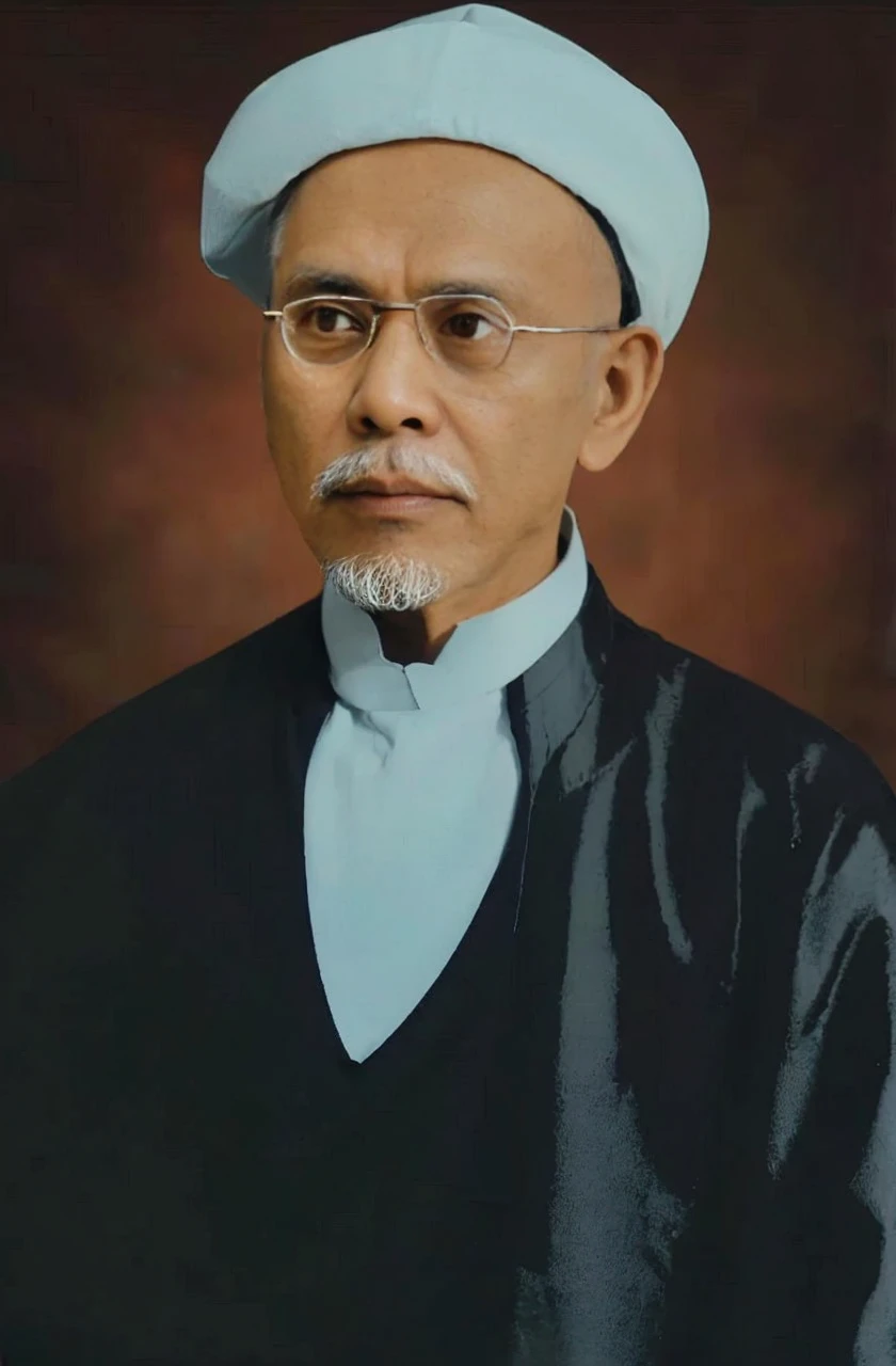 Indonesian Muslim man, wrinkled brown skin, aged 50 years or above, wearing a white head covering, black robe/kurta/jubbas, wearing small transparent glasses, sharp nose, thin lips, not too long beard, clear clean eyes, black eyebrows slightly gray. Very realistic images, ultra HD quality.