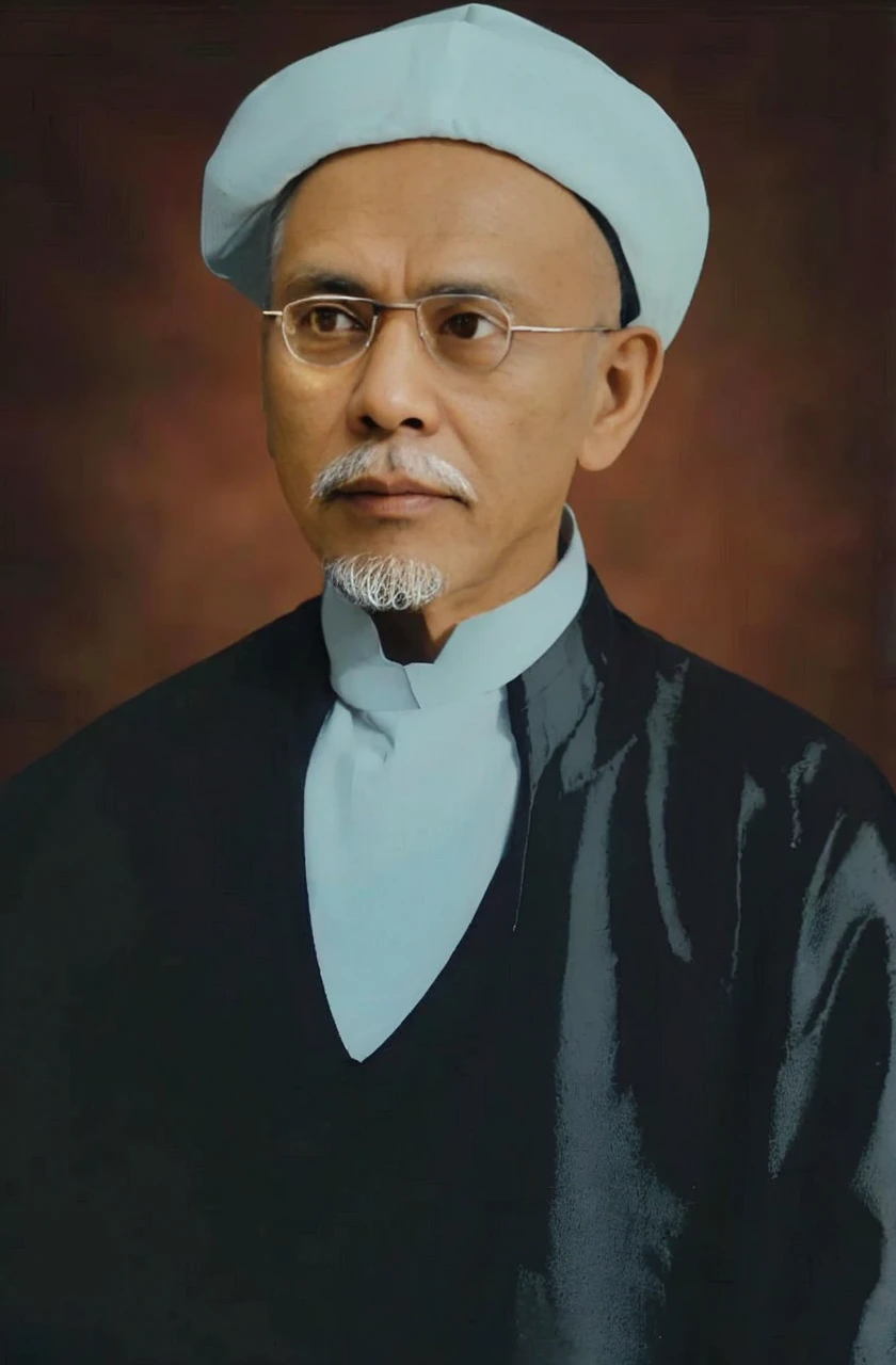 Indonesian Muslim man, wrinkled brown skin, aged 50 years or above, wearing a white head covering, black robe/kurta/jubbas, wearing small transparent glasses, sharp nose, thin lips, not too long beard, clear clean eyes, black eyebrows slightly gray. Very realistic images, ultra HD quality.