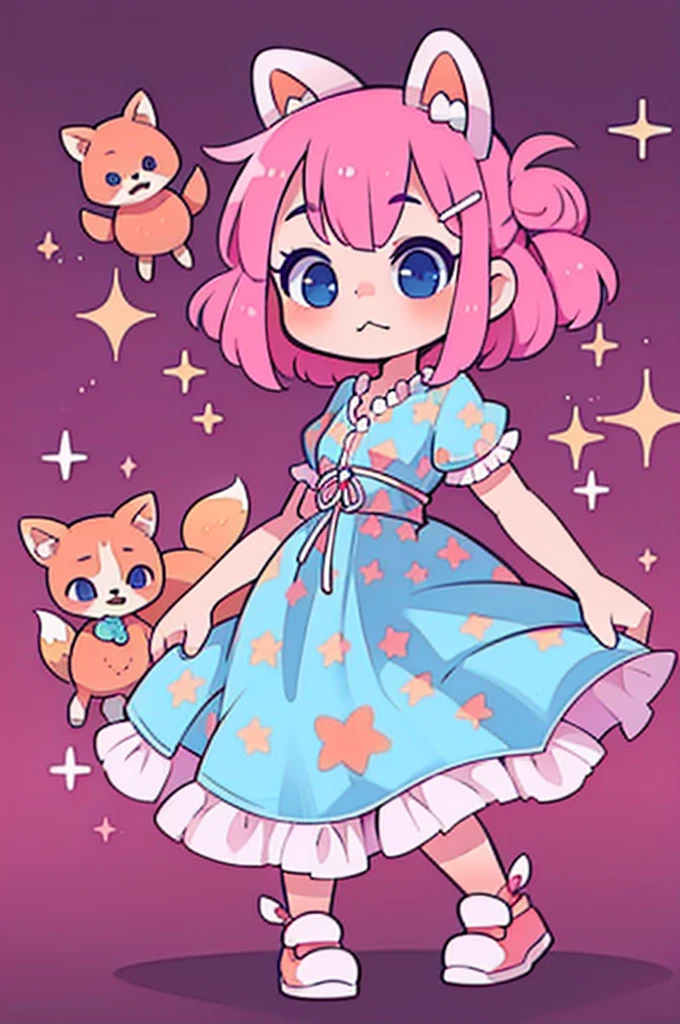 1 girl, tiny, toddler, pink hair, purple star hairclip, orange fox ears, light skin, blue eyes, sparkle in eyes, purple pacifier, wearing strawberry pattern dress, blue marry jane shoes, colorful bead bracelets, holding a stuffed fox, 