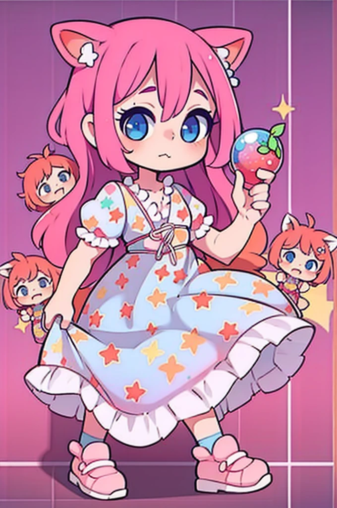 1 girl, tiny, toddler, pink hair, purple star hairclip, orange fox ears, light skin, blue eyes, sparkle in eyes, purple pacifier, wearing strawberry pattern dress, blue marry jane shoes, colorful bead bracelets, holding a stuffed fox, 