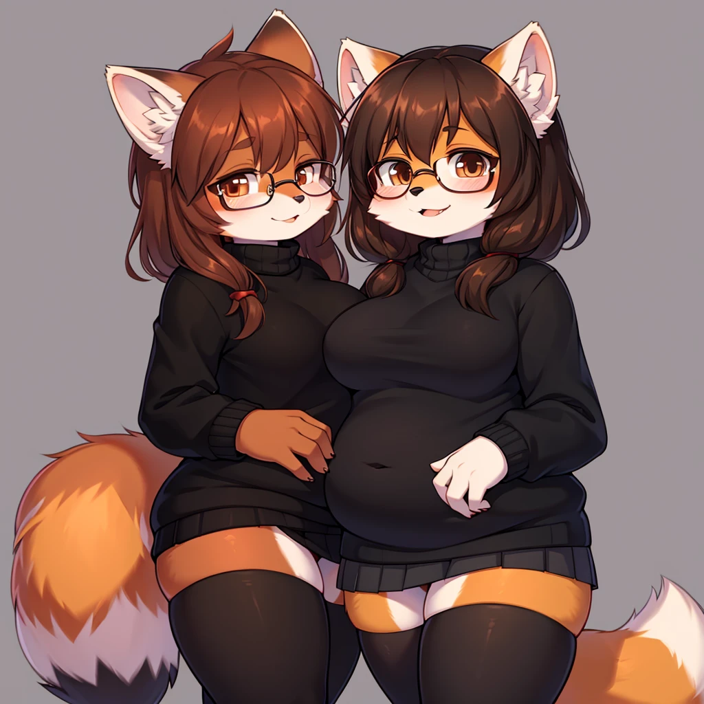 Red panda girl, fluffy, red panda, cute, nerdy, slightly chubby, black sweater, brown hair, glasses, black pleated skirt with leggings, brown eyes