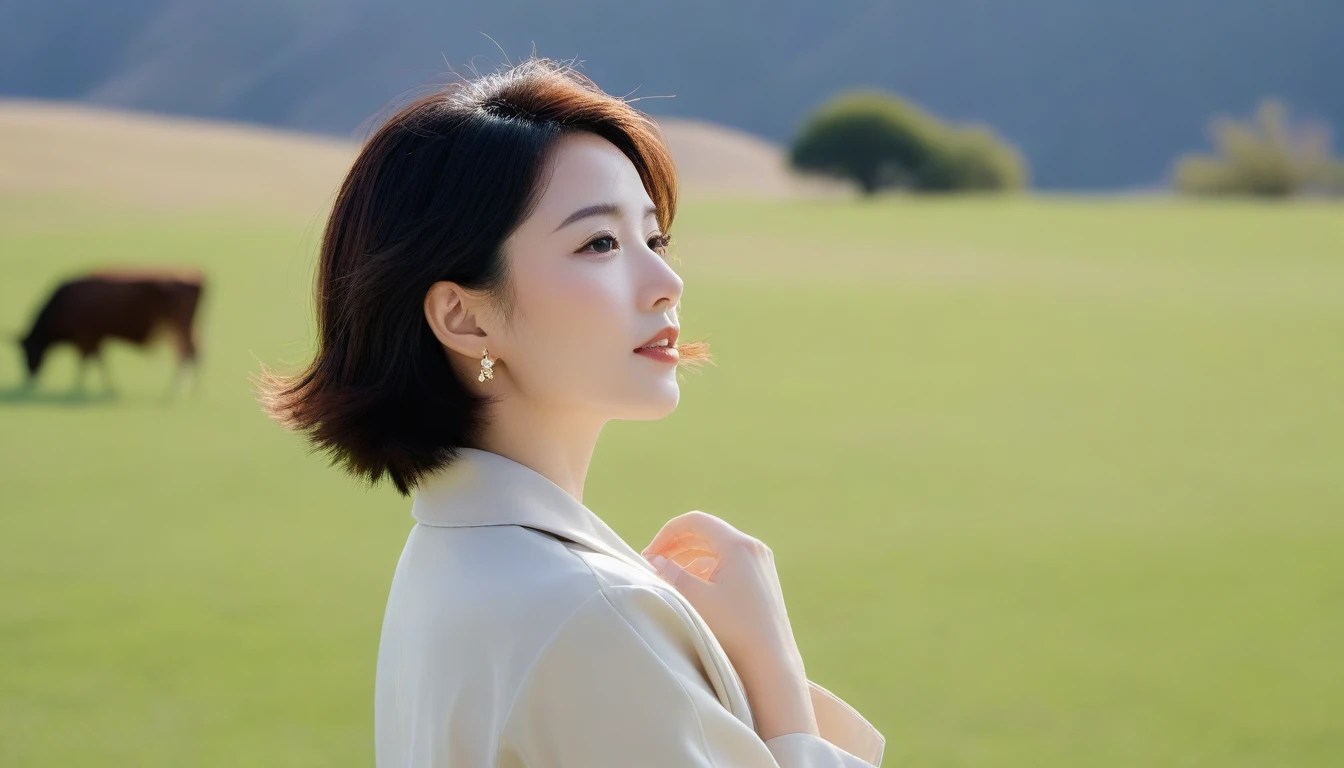 Creating an image of a woman seen from the side, Her gaze is on the camera. She has an elegant profile, With sun-kissed skin that delicately receives light. Her eyes, decorated with mystery, Expressing a combination of confidence and charm. short medium hair., Contributes to her timeless beauty. She is wearing stylish yet understated clothing., Maybe a tailored blouse and a flowing skirt., reinforce her calm demeanor. 장면은 부드러운 background으로 설정되었습니다., So that women’s features can shine. Capture this moment from a side angle, Showcasing her elegance and charm while looking thoughtfully into the distance. high quality, 1 woman, ((36 years old 건강한 한국 여성)), ((36 years old)), 1 woman, short, The eyes are big and beautiful. ((slim)), ((short medium hair)), laugh. pose: standing, Luxury brand windbreaker jacket, casual pants, background: 1 woman, California, pasture, Cow, grass, Full body shot with 35-70 lens, look up to the side, the whole body is visible.