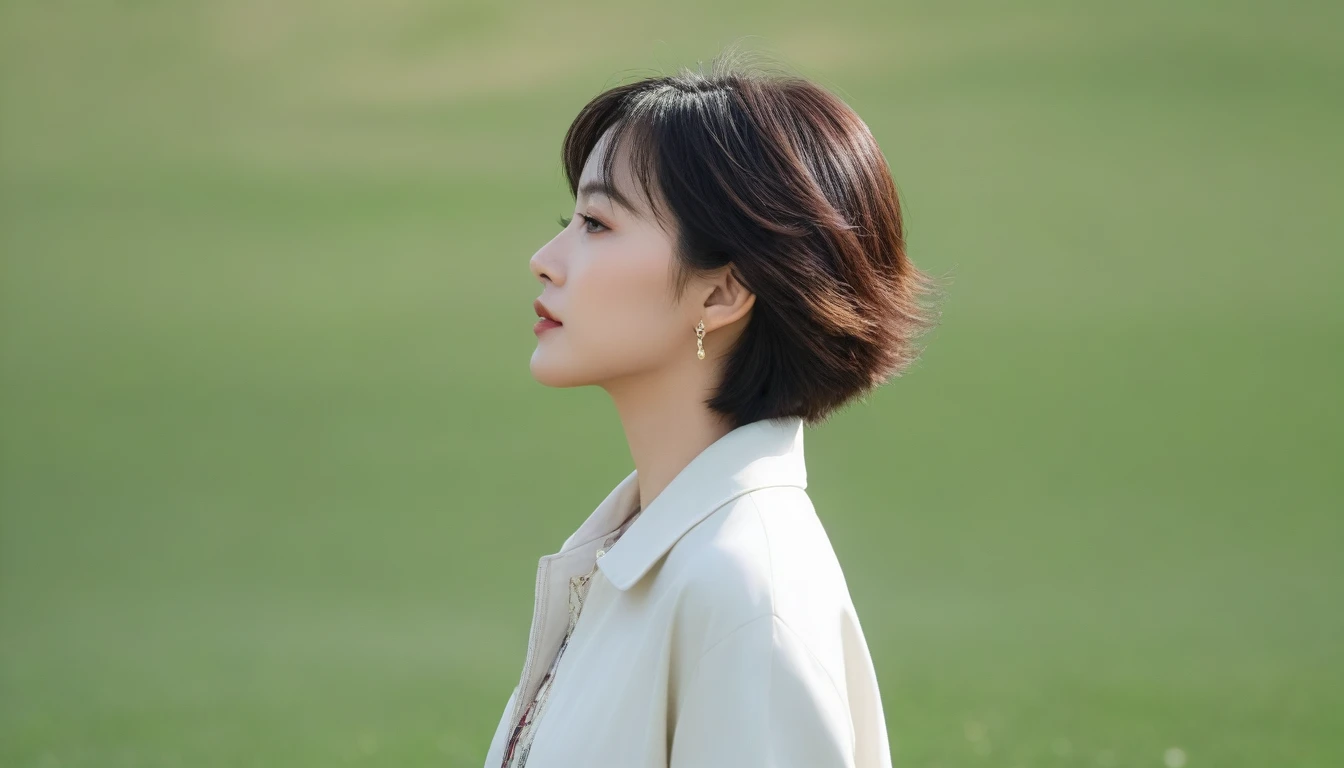 Creating an image of a woman seen from the side, Her gaze is on the camera. She has an elegant profile, With sun-kissed skin that delicately receives light. Her eyes, decorated with mystery, Expressing a combination of confidence and charm. short medium hair., Contributes to her timeless beauty. She is wearing stylish yet understated clothing., Maybe a tailored blouse and a flowing skirt., reinforce her calm demeanor. 장면은 부드러운 background으로 설정되었습니다., So that women’s features can shine. Capture this moment from a side angle, Showcasing her elegance and charm while looking thoughtfully into the distance. high quality, 1 woman, ((36 years old 건강한 한국 여성)), ((36 years old)), 1 woman, short, The eyes are big and beautiful. ((slim)), ((short medium hair)), laugh. pose: standing, Luxury brand windbreaker jacket, casual pants, background: 1 woman, California, pasture, Cow, grass, Full body shot with 35-70 lens, look up to the side, the whole body is visible.