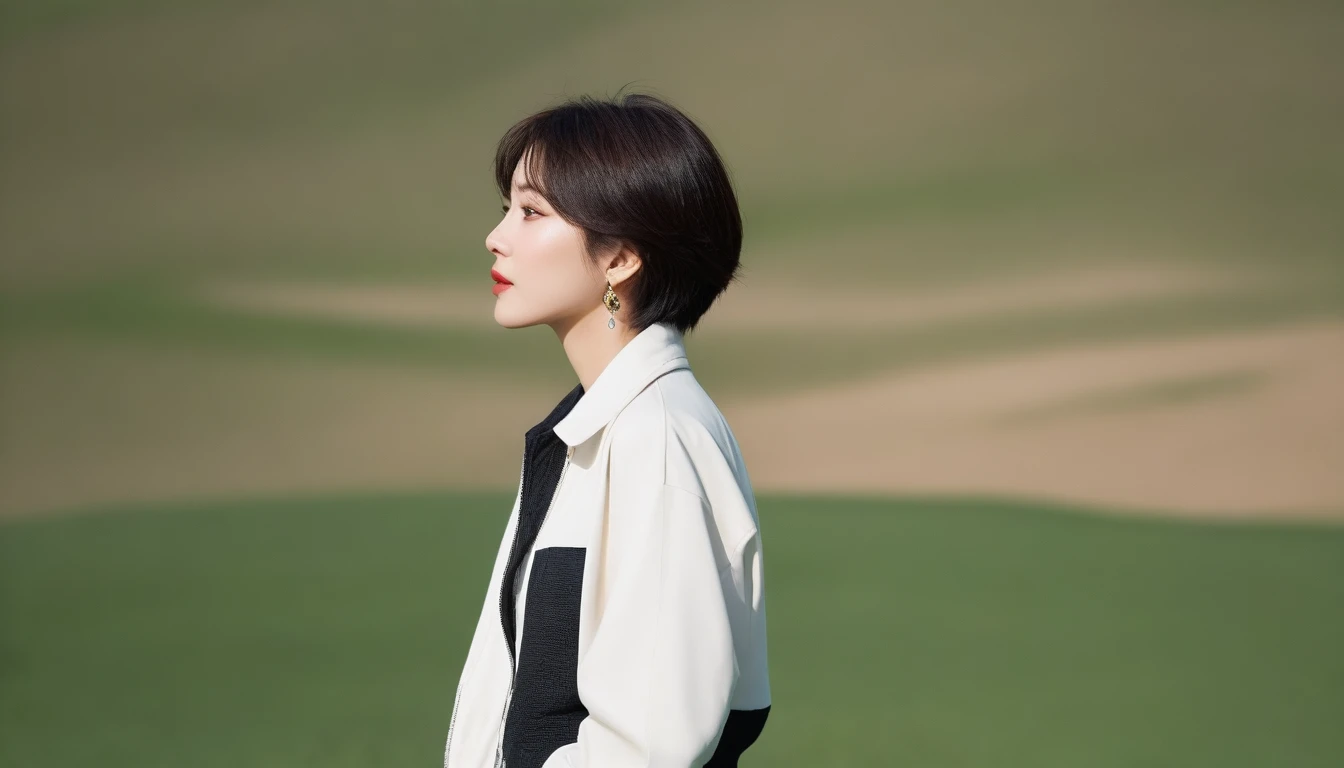 Creating an image of a woman seen from the side, Her gaze is on the camera. She has an elegant profile, With sun-kissed skin that delicately receives light. Her eyes, decorated with mystery, Expressing a combination of confidence and charm. short medium hair., Contributes to her timeless beauty. She is wearing stylish yet understated clothing., Maybe a tailored blouse and a flowing skirt., reinforce her calm demeanor. 장면은 부드러운 background으로 설정되었습니다., So that women’s features can shine. Capture this moment from a side angle, Showcasing her elegance and charm while looking thoughtfully into the distance. high quality, 1 woman, ((36 years old 건강한 한국 여성)), ((36 years old)), 1 woman, short, The eyes are big and beautiful. ((slim)), ((short medium hair)), laugh. pose: standing, Luxury brand windbreaker jacket, casual pants, background: 1 woman, California, pasture, Cow, grass, Full body shot with 35-70 lens, look up to the side, the whole body is visible.