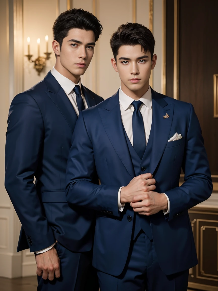 ((masterpiece)),((best quality)),8K,high detail,Very detailed, Very manly,3 men, like,fashion pose, Realistic skin texture, Light,
Royal blue style couple,Perfect hand details