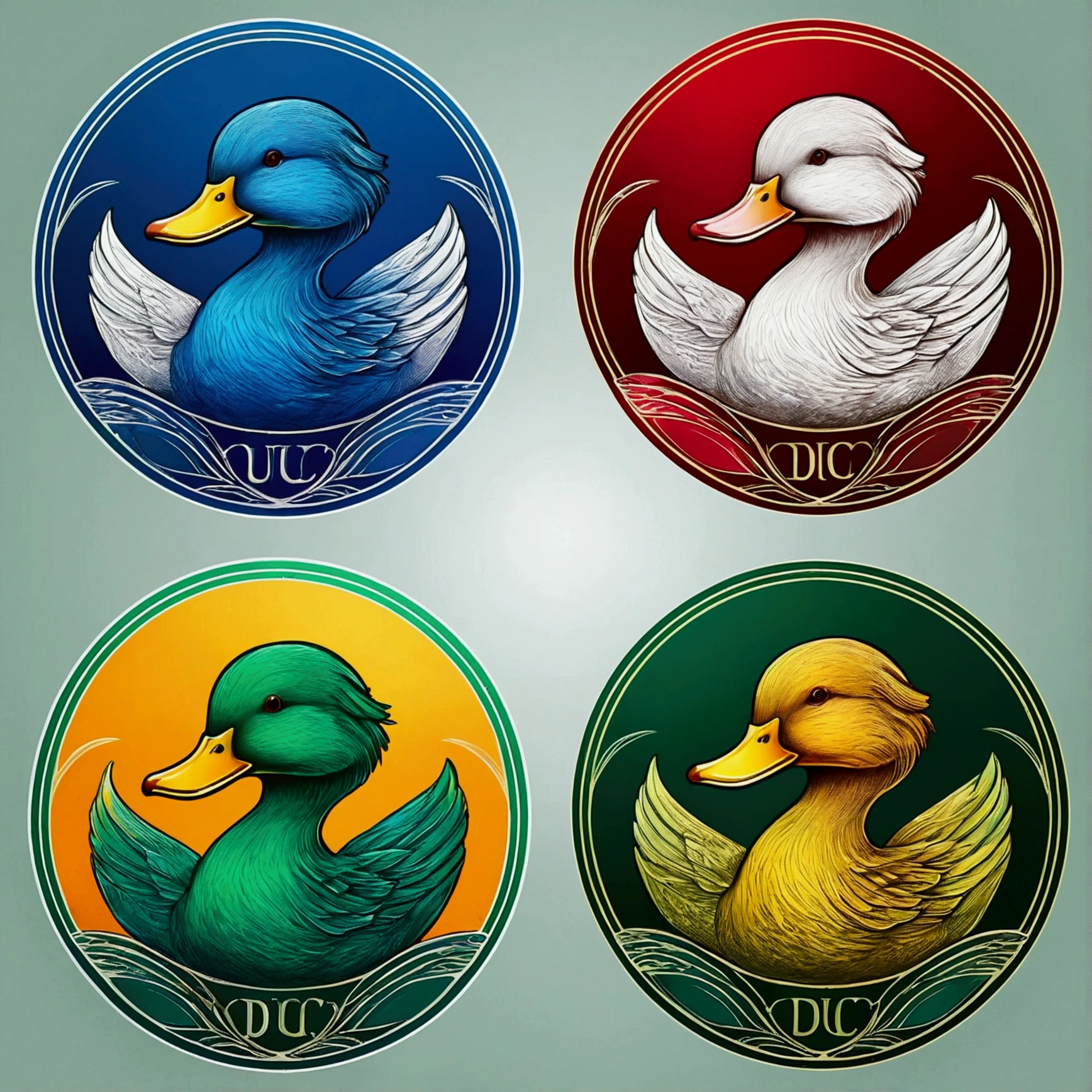 "Duck" logo; shading and gradients, Art Nouveau, vibrant colors and synthwave. Vector design, thin lines, central composition, smooth background, 1:1 air. Tetradic palettes (Blue, Yellow, Red, Olive Green), Watercolor logo style with print effect, puff printig. monochrome background, by yukisakura, with original and amazing colors."