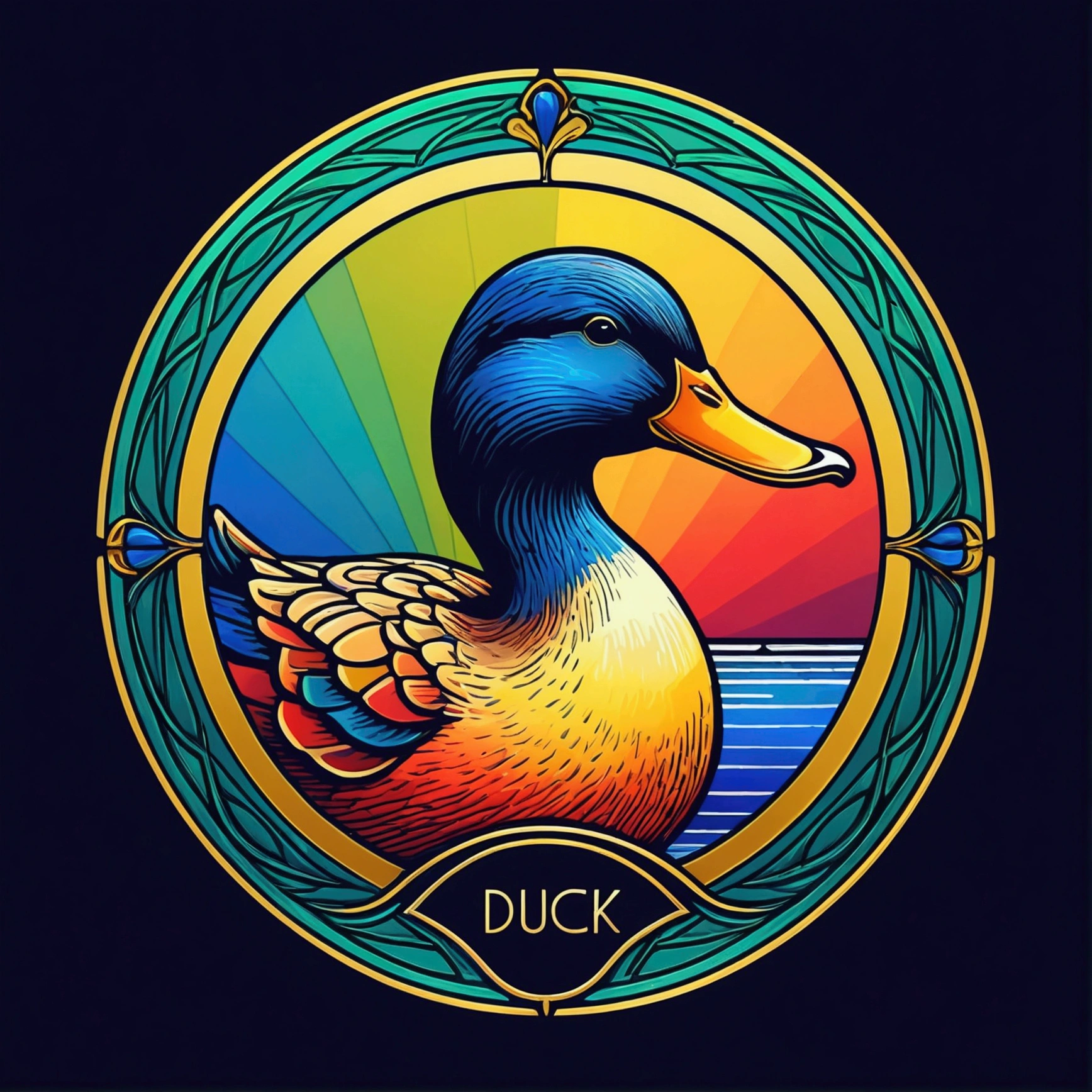 "Duck" logo; shading and gradients, Art Nouveau, vibrant colors and synthwave. Vector design, thin lines, central composition, smooth background, 1:1 air. Tetradic palettes (Blue, Yellow, Red, Olive Green), Watercolor logo style with print effect, puff printig. monochrome background, by yukisakura, with original and amazing colors."