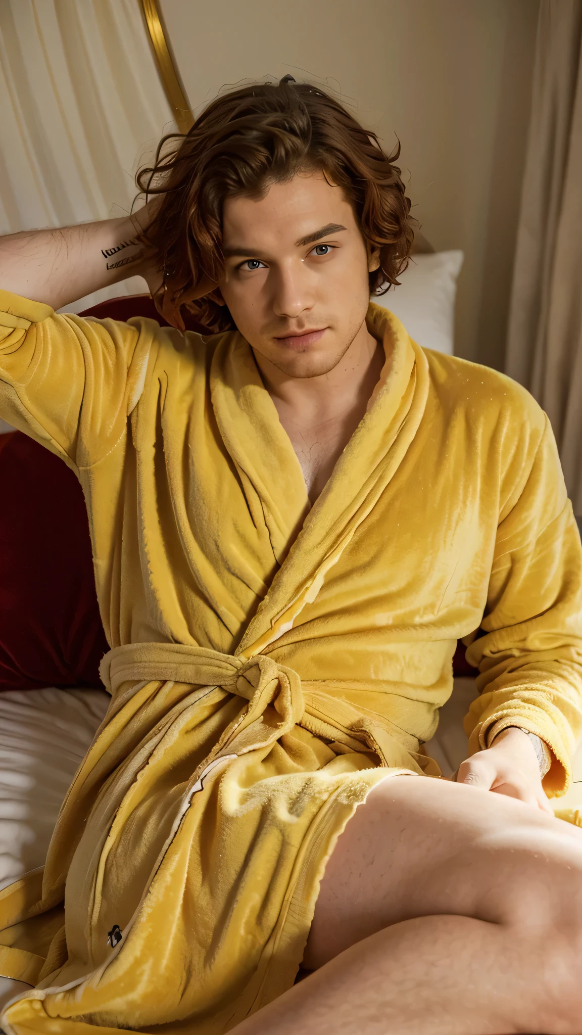 france man, red curly hair, laying on the bed, wearing yellow bathrobe, view in the bed