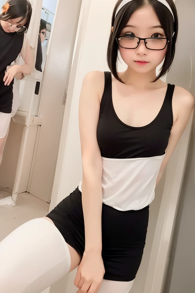 (masterpiece, Highest quality, It captures a very cute moment, Depth of written boundary, Super detailed, Ultra-high resolution, C4D, Octadale, 3D Modeling,Realistic human photos、 8K, 16K, One Girl,Middle school students, 、Small breasts,Black Hair,short hair,Straight Hair,Light brown eyes,White headband,Wearing black glasses,Cute Face), Bloomers, Black tank top, zettai ryouiki, Wet clothes,Classroom Nights,Moonlight, Good elevator, Take off、Real-life skin、Not an anime、Realistic、