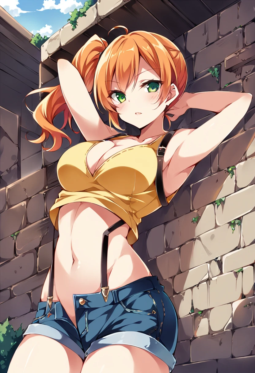 (score_9, score_8_up, score_7_up), ((best quality, masterpiece)),perfect anatomy,((aesthetic,very aesthetic)),official style,(intricate.hyper-detailed), (ultra-high resolution),source_anime.from side,(side view),breast focus ,standing,hands on own hips, (mature) ,1girl, Outdoor, Green Eyes, Orange Hair, , Yellow Shirt, Sleeveless shirt,((stomach)), Denim shorts, suspenders, , (slender), under_boob,unity 8k wallpaper.extremely detailed CG,Pokémon style,