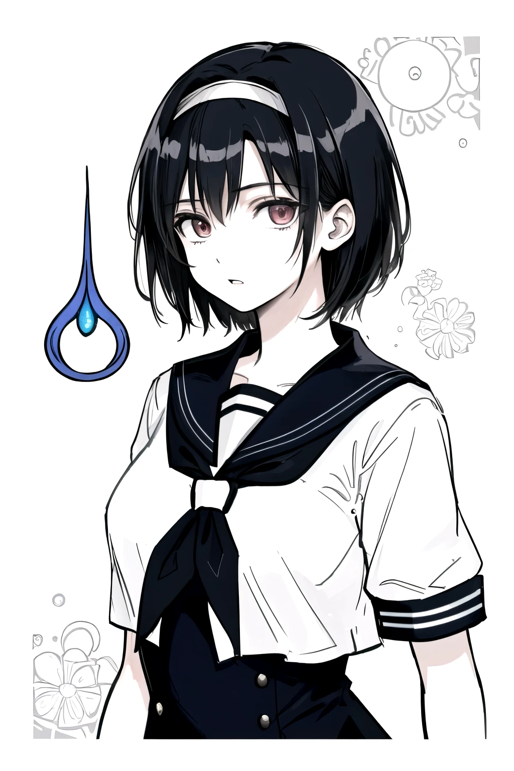 ((Masterpiece)),((High quality)),((High resolution)),((Extremely accurate and detailed representation of the human body)), An 18-year-old girl. Japanese. Wears a short-sleeved sailor uniform. Short hair. Hairband. Has a mysterious and enigmatic aura with elements of horror.