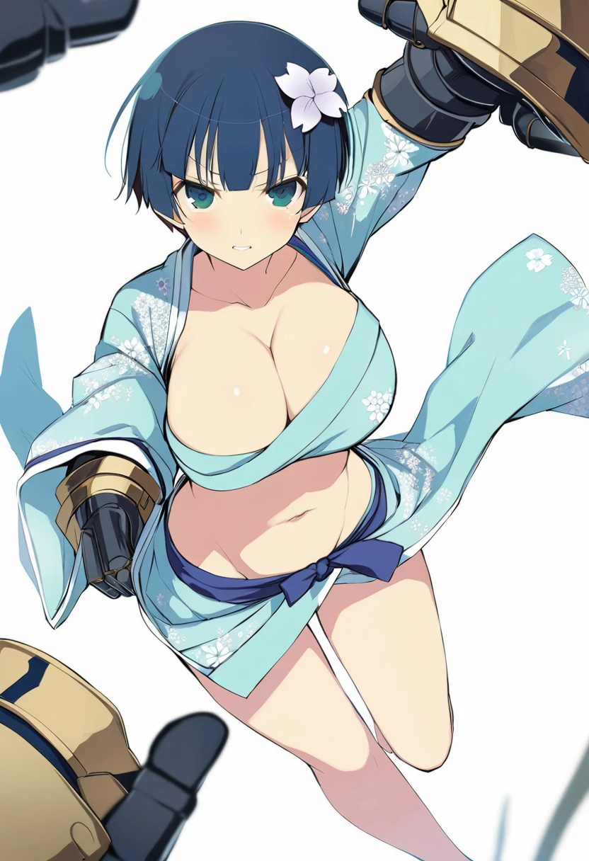 masterpiece, best quality, 
yozakura (senran kagura), 1girl, breasts, solo, short hair, blue hair, blue eyes, large breasts, hair ornament, hair flower, 
gauntlets, flower, japanese clothes, navel, midriff, bare legs, cleavage, emblem, 
pov, white background, looking at viewer, 