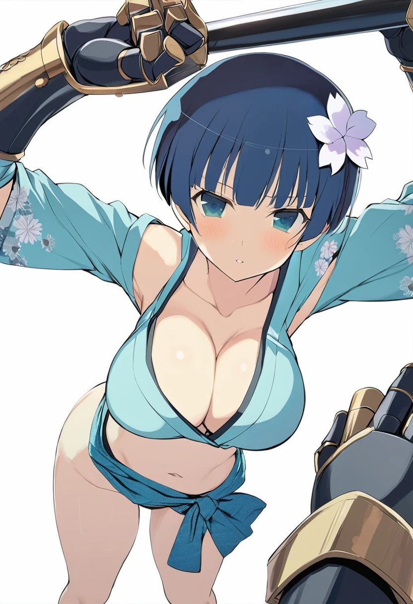 masterpiece, best quality, 
yozakura (senran kagura), 1girl, breasts, solo, short hair, blue hair, blue eyes, large breasts, hair ornament, hair flower, 
gauntlets, flower, japanese clothes, navel, midriff, bare legs, cleavage, emblem, 
pov, white background, looking at viewer, 