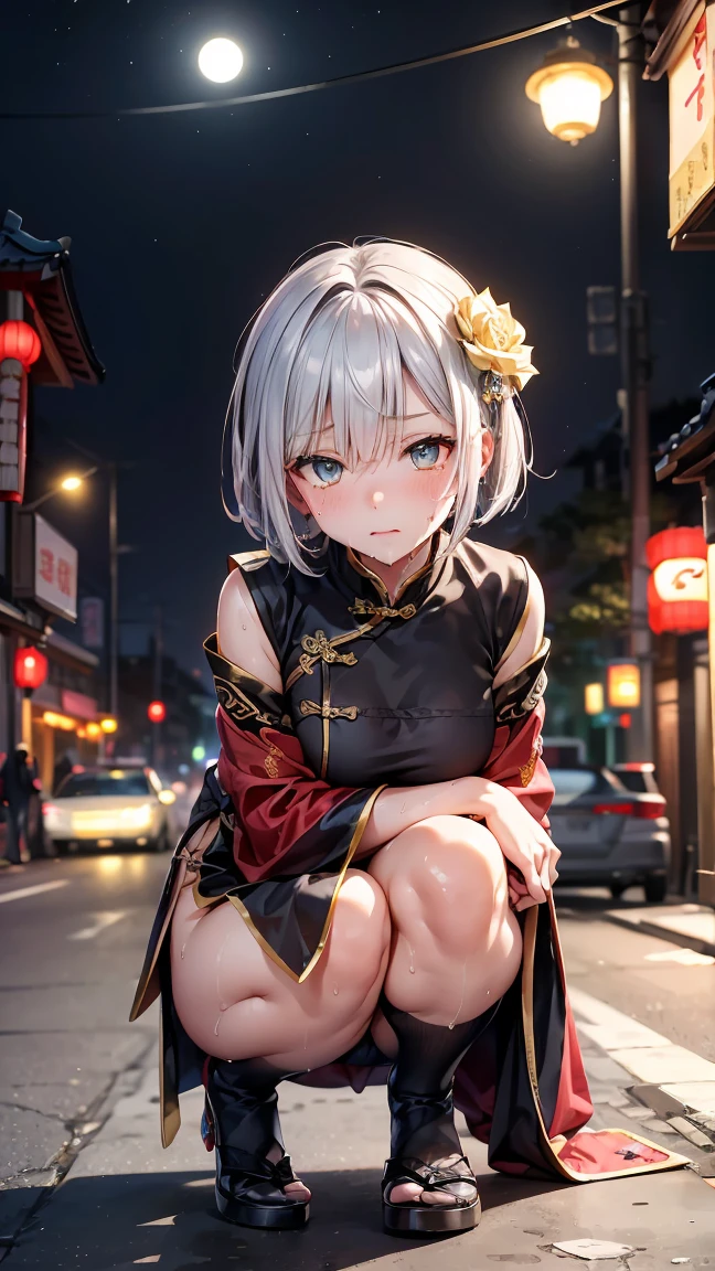 Young girl 22 years old, short silver bob hair, hair flower, sharp bangs between the eyes, she is heterochromatic, ((yellow left eye)) ((Blue right eye)) eyes large, (((traditional chinese imperial clothes black with gold details,))) red skirt, black thigh high socks. slenderbody. crouched in the street, crouched. view from side, side point of view, on the street of a Japanese city, at night, with full moon in the background, light reflecting on the sexy and sweaty body. (((sweat)))