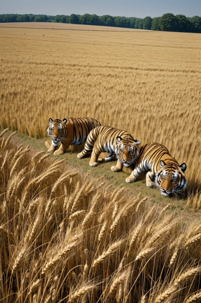 Three sad tigers eating wheat in a wheat field