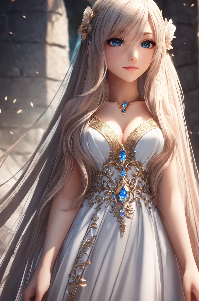 A full-body portrait of a woman with very long hair and a very pretty dress, Beautiful and elegant elven queen, 8K high quality detailed art, Complex and gorgeous anime CGI style, Anime Style. 8K, Gweiz-style artwork, 8K portrait render, 3d rendering character art 8k, Detailed digital anime art, Fantasy art style