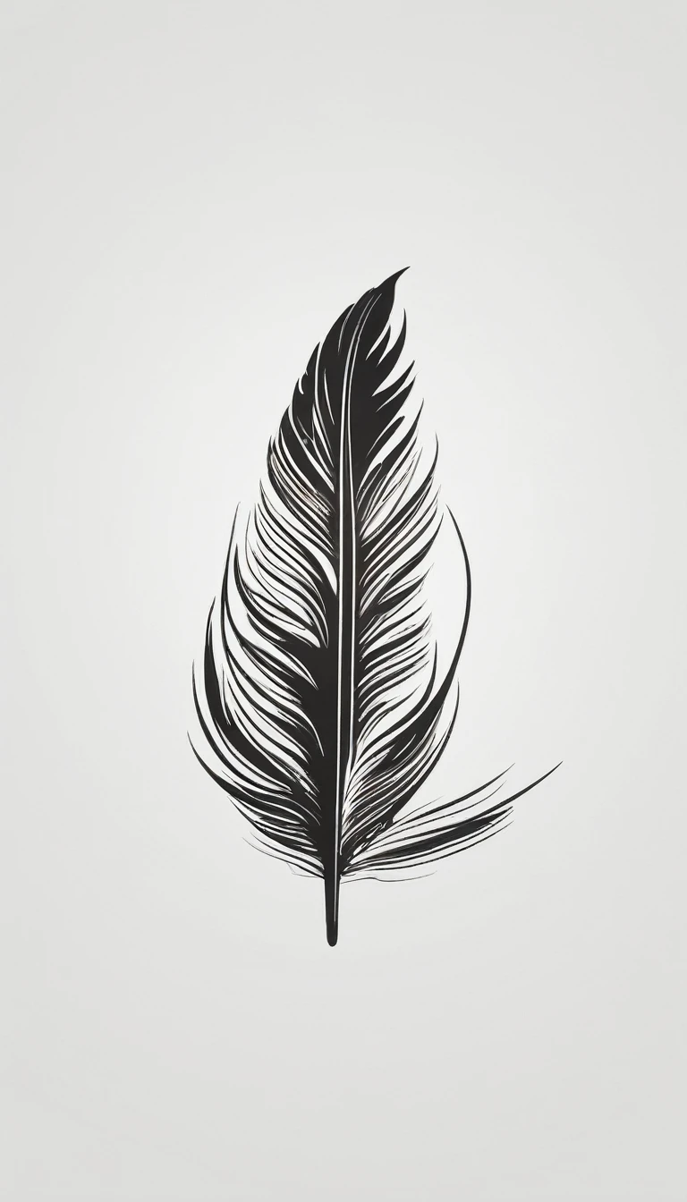 A minimal, modern, simple, cinematic logo design for the brand “Penamemoria". The logo design must be a simple, magical feather that symbolizes storytelling and dreams. Must include a special, fantastic feather impressed on a white t-shirt. Logo Design of a Memory Feather