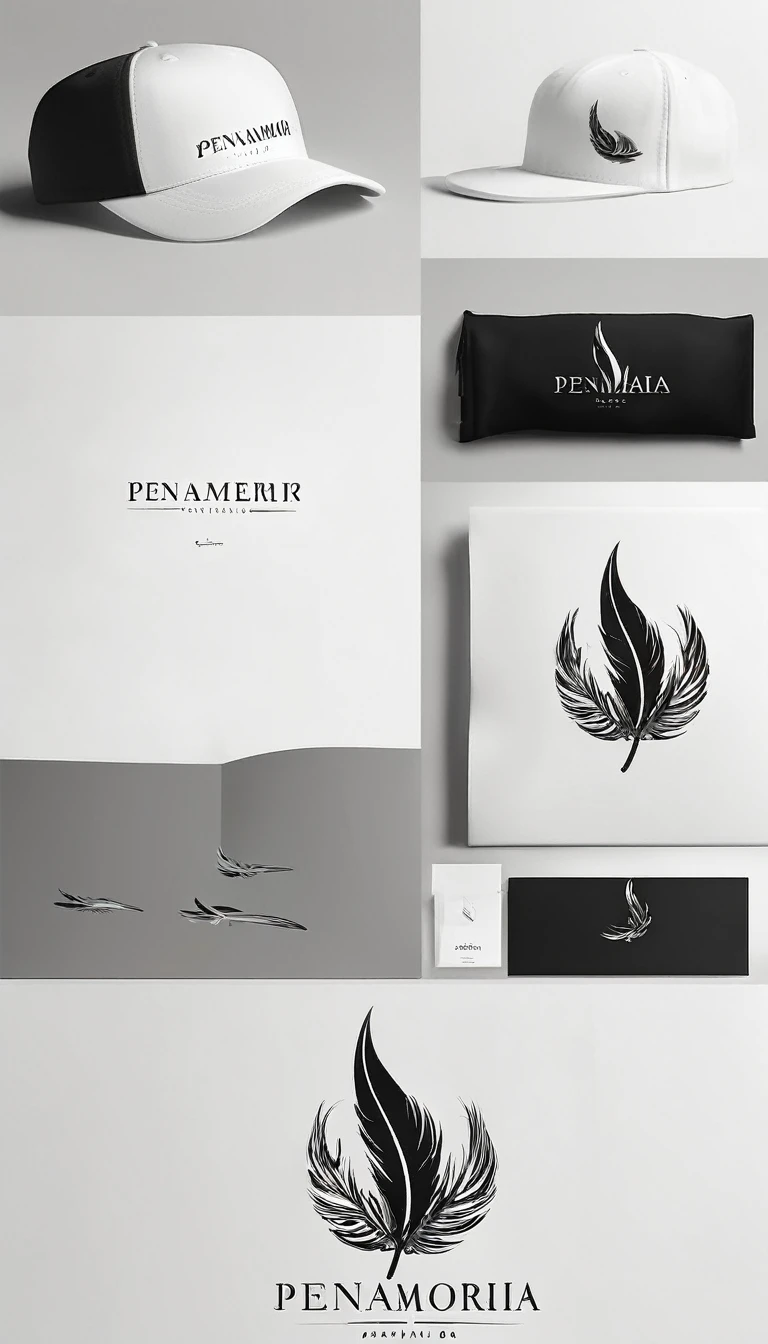 A minimal, modern, simple, cinematic logo design for the brand “Penamemoria". The logo design must be a simple, magical feather that symbolizes storytelling and dreams. Must include a special, fantastic feather impressed on a white t-shirt. Logo Design of a Memory Feather