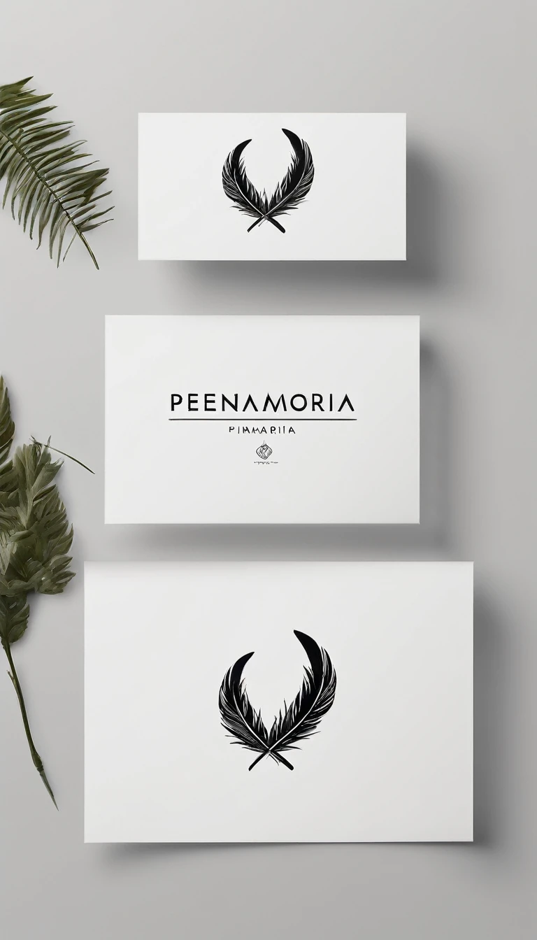 A minimal, modern, simple, cinematic logo design for the brand “Penamemoria". The logo design must be a simple, magical feather that symbolizes storytelling and dreams. Must include a special, fantastic feather impressed on a white t-shirt. Logo Design of a Memory Feather