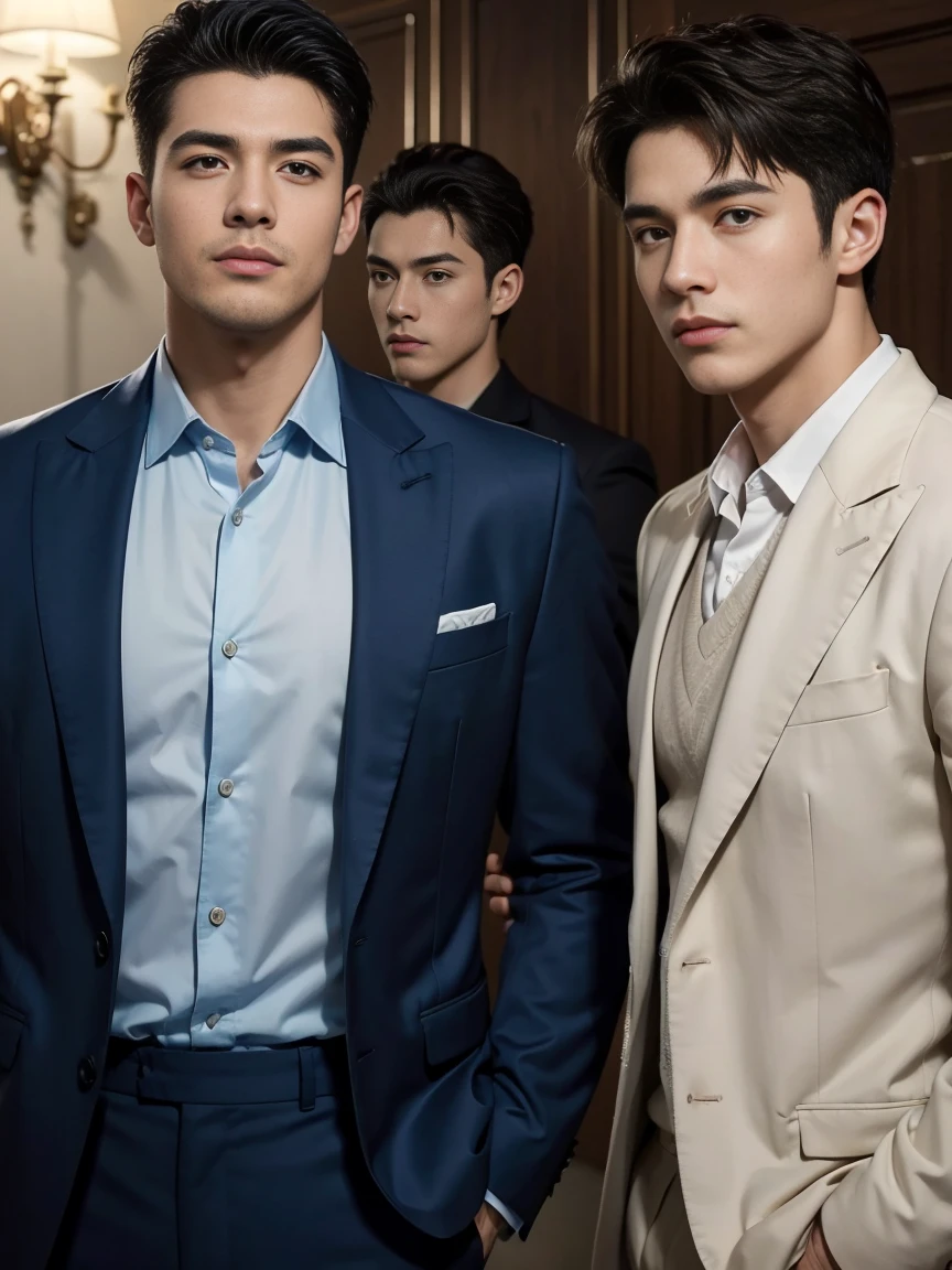 ((masterpiece)),((best quality)),8K,high detail,Very detailed, Very manly,3 men, like,fashion pose, Realistic skin texture, Light,
Royal blue style couple,Perfect hand details