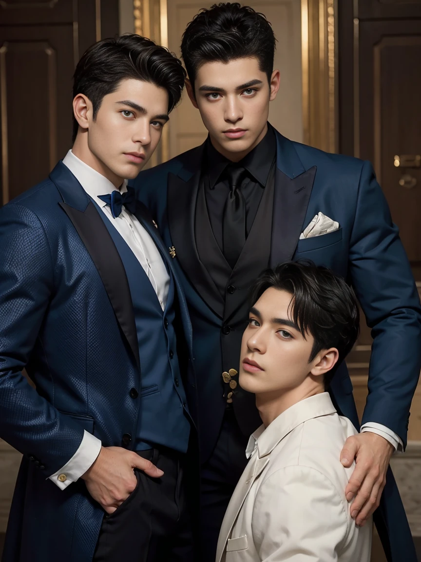 ((masterpiece)),((best quality)),8K,high detail,Very detailed, Very manly,3 men, like,fashion pose, Realistic skin texture, Light,
Royal blue style couple,Perfect hand details
