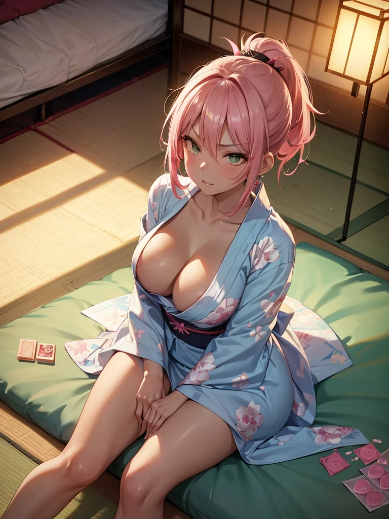 (A beautiful young Japanese woman), nsfw, Detailed Background, (((独奏))), ((Excellent anatomy: 1.2)), (Pink Hair, Short ponytail), Big Tits, (dark skin:1.3), (green eyes), (Beautiful Eyes), (((print light blue stripe yukata))), (cleavage), (Angry:1.2), Blushing, Earrings, (sitting on futon:1.5), (Japanese style room, tatami, futon, mattress, pillow), Beautiful thighs, from above, from front, (((Condom)))