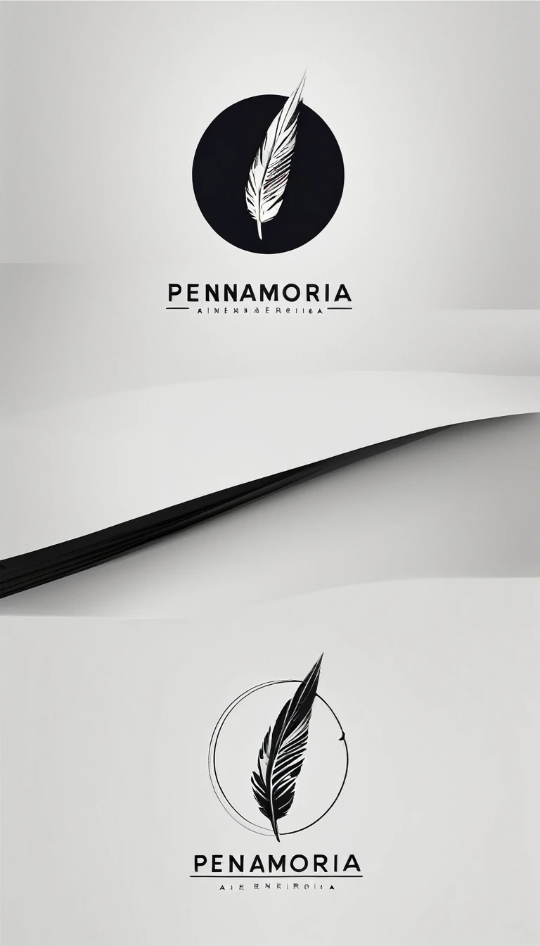 A minimal, modern, simple, cinematic logo design for the brand “Penamemoria". Create a modern, minimalistic, high-quality, logo of a memory feather. The logo must be convey a sense of dreams, stories, memories, music and imagination.