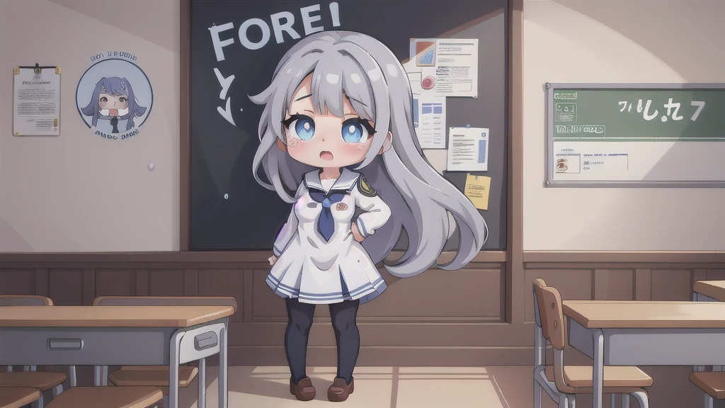 calidad superior, Obra maestra, Ultra high resolution,Anime illustration of a girl with long gray hair, blue eyes, very small breasts, wearing a  uniform, standing in a classroom crying and having many tears on her cheeks. 