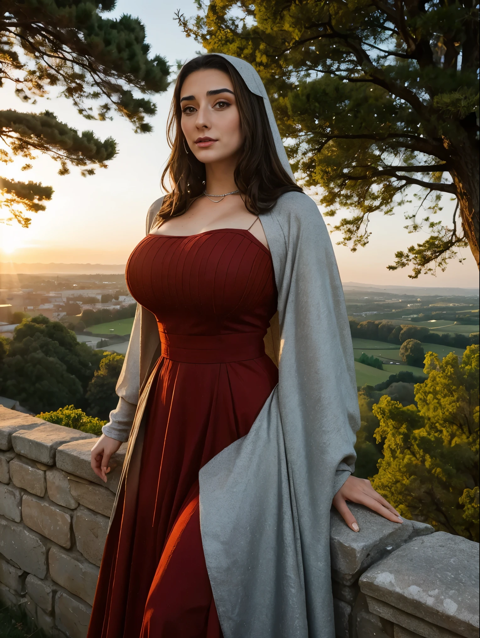 Gorgeous and sultry busty athletic (thin) brunette queen with sharp facial features wearing a modest updo, dark red medieval dress, long sleeves, intricate patterns, scrollwork, wide neck, crown, veil, long dress, modest dress, tight bodice, (silver waist chain), medieval jewelry, Middle Ages, castle, rampart, wall, exterior, on top of a castle wall, trees, countryside, evening, sunset.