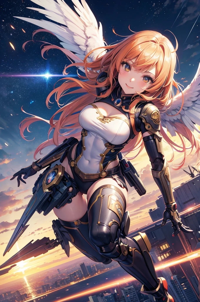 an anime girl, masterpiece, 4K,detailed, best quality, no bad anatomy and fingers, dynamic pose, Action Painting, a beautiful young cyborg girl, smile, taking off into the sky,  super detailed skin, FINAL FANTASY 12, Brave Command Dagwon, make-up, mechanical wings, the city of Monaco, Ryu Fujisaki,