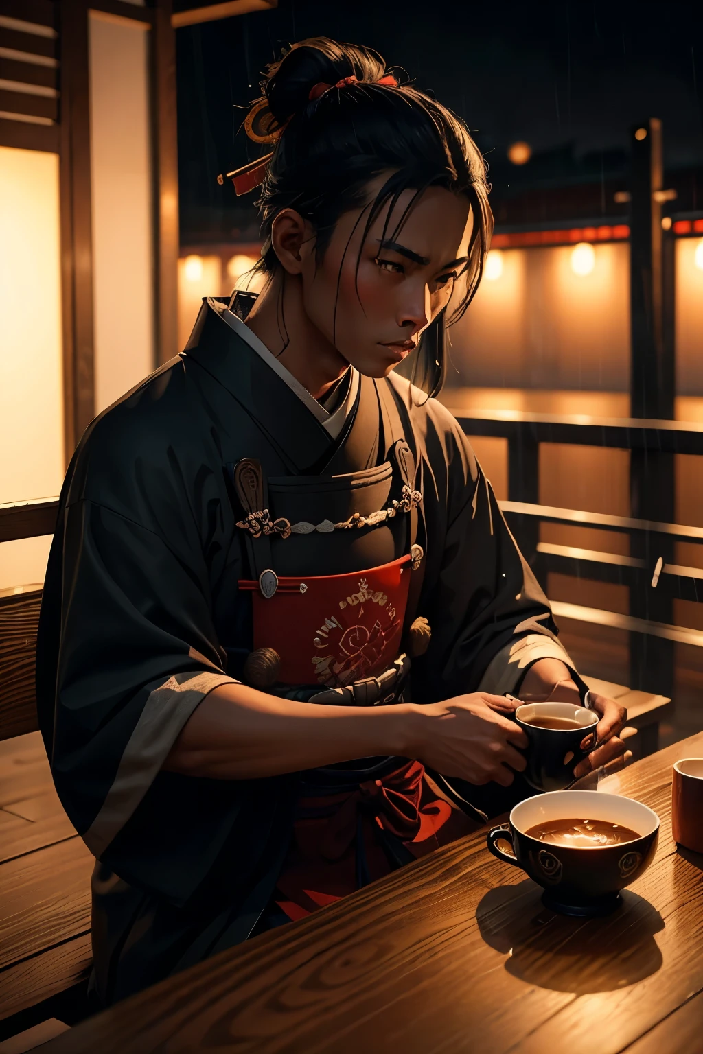 Dark-skinned modern samurai drinking tea alone in the rainy night