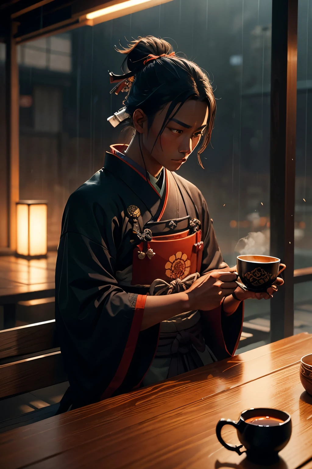 Dark-skinned modern samurai drinking tea alone in the rainy night