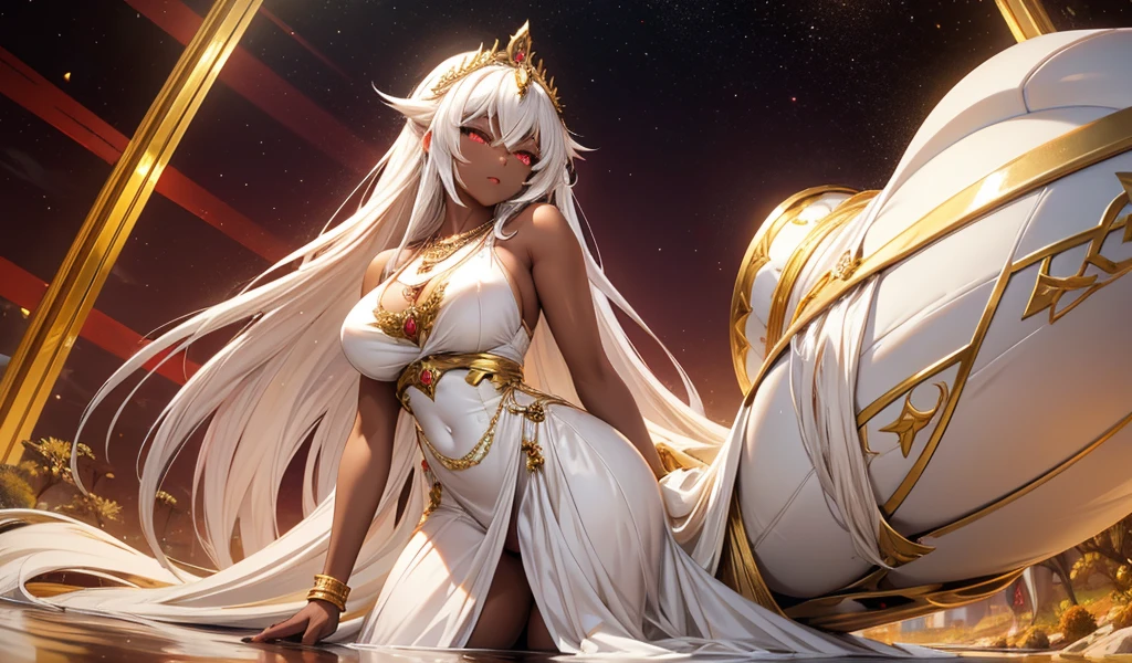 Adult woman with long white hair, dark skin, huge breasts and red eyes,Bare arms,gold tiara,necklace,Gold ornaments,white evening dress,thigh,Standing,White Rose,desert,river