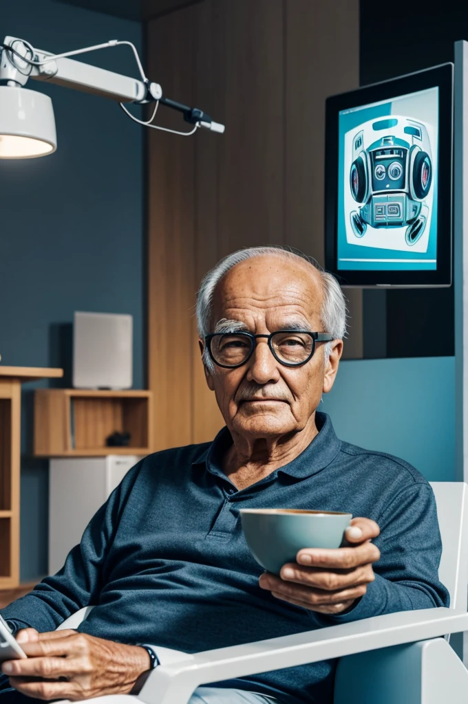 Draw an older adult sitting comfortably in his living room with a robot accompanying him. The older adult could be wearing augmented reality glasses or interacting with a digital screen where the robot shows them personalized educational information. The robot could have friendly and modern features, with soft lights and a design that inspires confidence and comfort. Around them, you could add items like books, a cup of coffee and other symbols that represent learning and relaxation. This would show how technology can be harmoniously integrated into the daily lives of older adults to support their learning process and well-being.. all animated