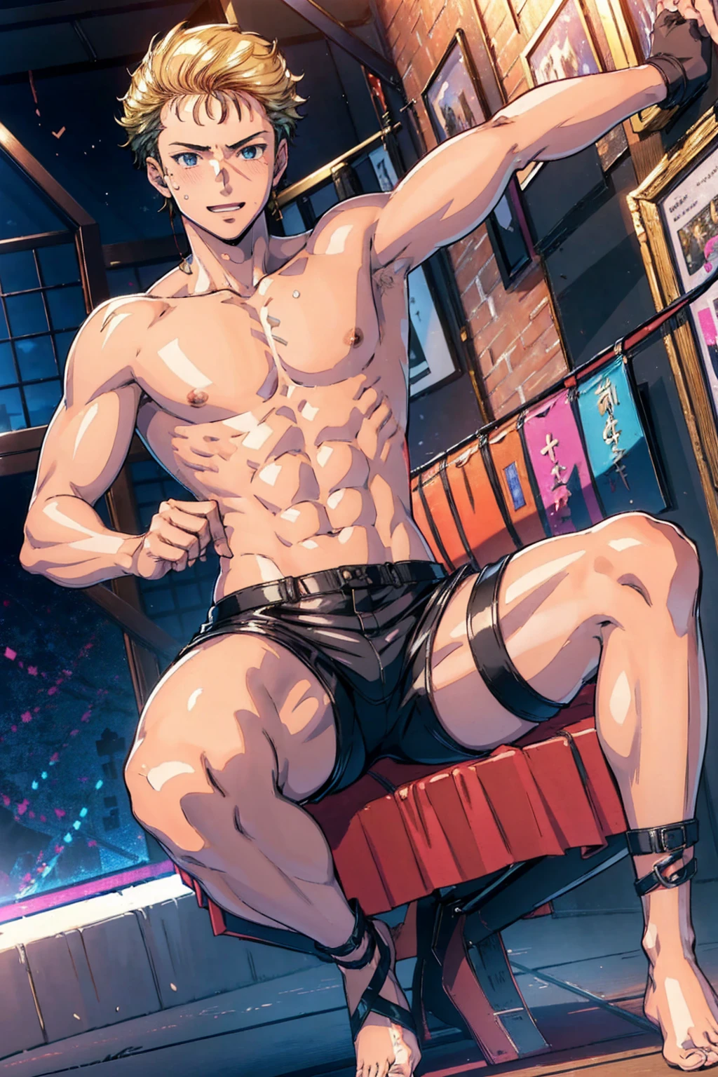 ((8K:1.2),masterpiece, Highest quality, Ultra-high resolution:1.25), beautiful boy anime face, Sweating, no muscular body, a boy, high schoolface and body emphasis, (gay anime hentai), tall boy, no underwear, bedroom alone, sexy pose, Blushing, smile face, (shirtless body), short hair, black eyes, (sexy leather shorts:1.2), high leg string, want sex, prostitute boy, full body, crotch emphasis, crotch touching,