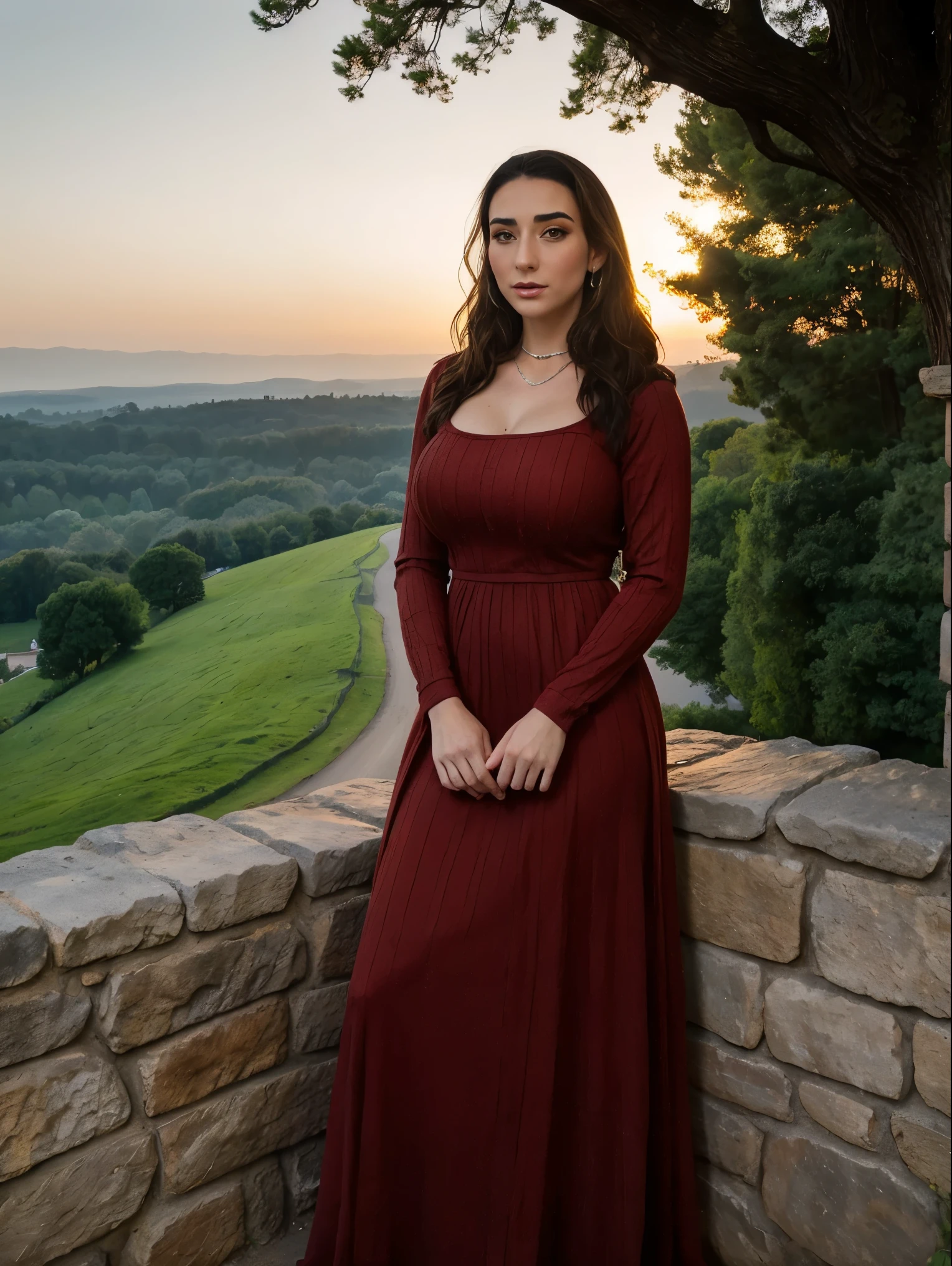 Gorgeous and sultry busty athletic (thin) brunette queen with sharp facial features wearing a modest updo, dark red medieval dress, long sleeves, intricate patterns, scrollwork, wide neck, crown, veil, long dress, modest dress, tight bodice, (silver waist chain), medieval jewelry, Middle Ages, castle, rampart, wall, exterior, on top of a castle wall, trees, countryside, evening, sunset.