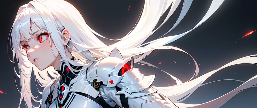 ((masterpiece:1.4, best quality:1.2)), 1girl, solo focus, tall female, delicate face, stern expression, extremely detailed anime face and eyes, beautiful white armor, hourglass figure, white hair, gradient hair, very long hair, red eyes, glowing eyes, cyberwear on face, futuristic setting, gradient background, profile, cowboy shot,