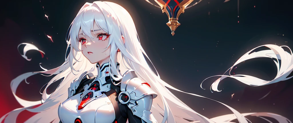 ((masterpiece:1.4, best quality:1.2)), 1girl, solo focus, tall female, delicate face, stern expression, extremely detailed anime face and eyes, beautiful white armor, hourglass figure, white hair, gradient hair, very long hair, red eyes, glowing eyes, cyberwear on face, futuristic setting, gradient background, profile, cowboy shot,