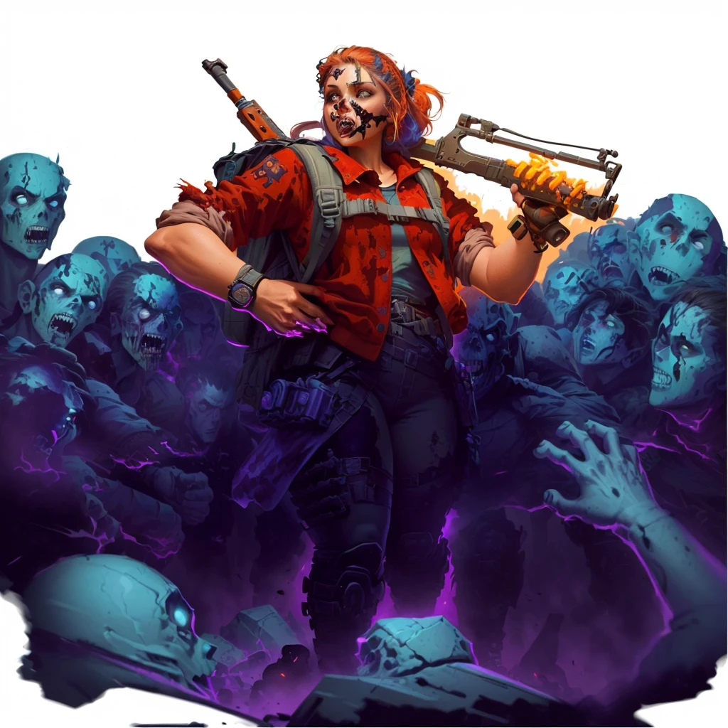 a woman with a backpack standing in front of a bunch of zombies, background artwork, character art the contra, horde of zombies, epic full color illustration, epic digital art illustration, zombie in horror concept art, james edmiston, epic game portrait, inspired by Alex Horley, by Alex Horley, epic video game art, detailed game art illustration