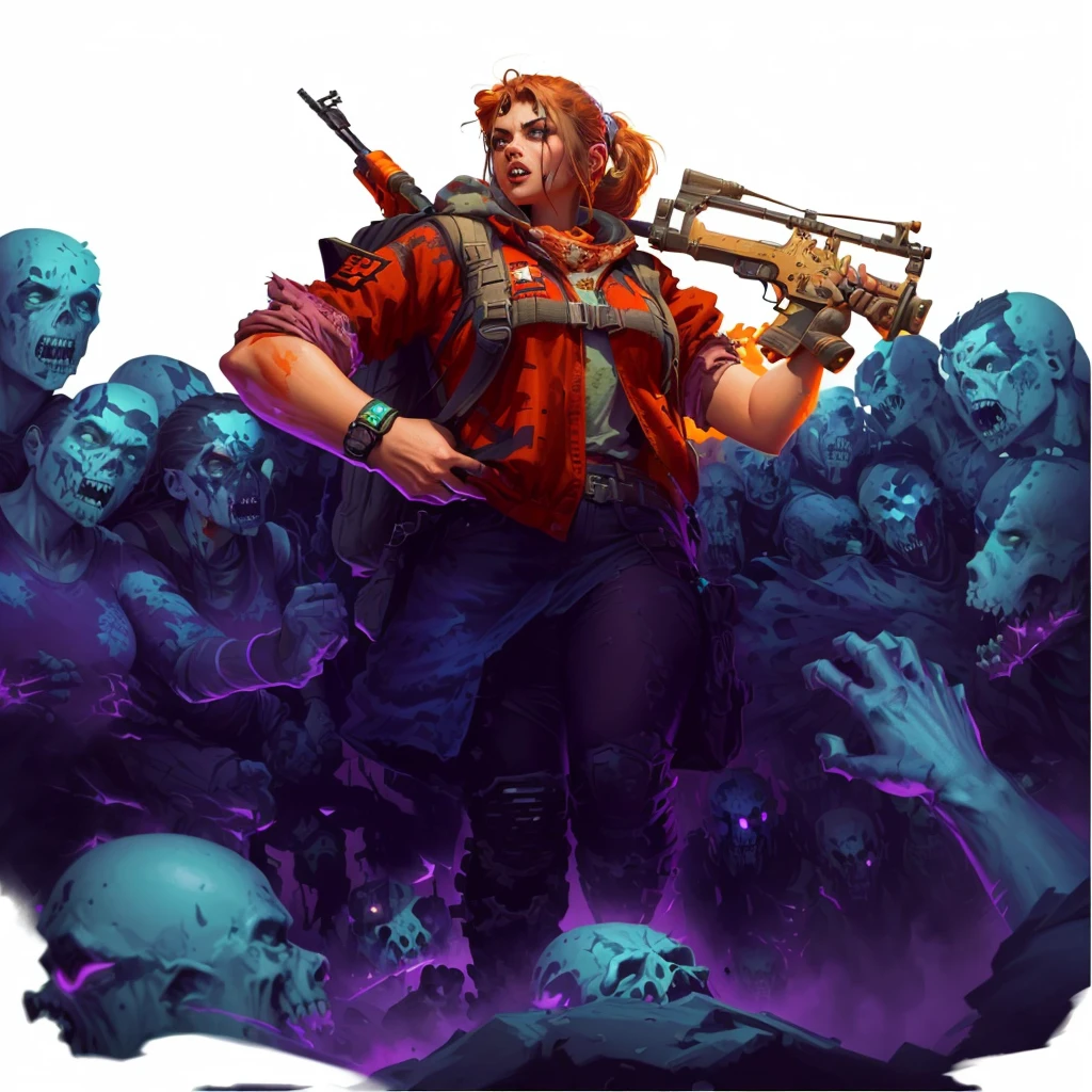a woman with a backpack standing in front of a bunch of zombies, background artwork, character art the contra, horde of zombies, epic full color illustration, epic digital art illustration, zombie in horror concept art, james edmiston, epic game portrait, inspired by Alex Horley, by Alex Horley, epic video game art, detailed game art illustration