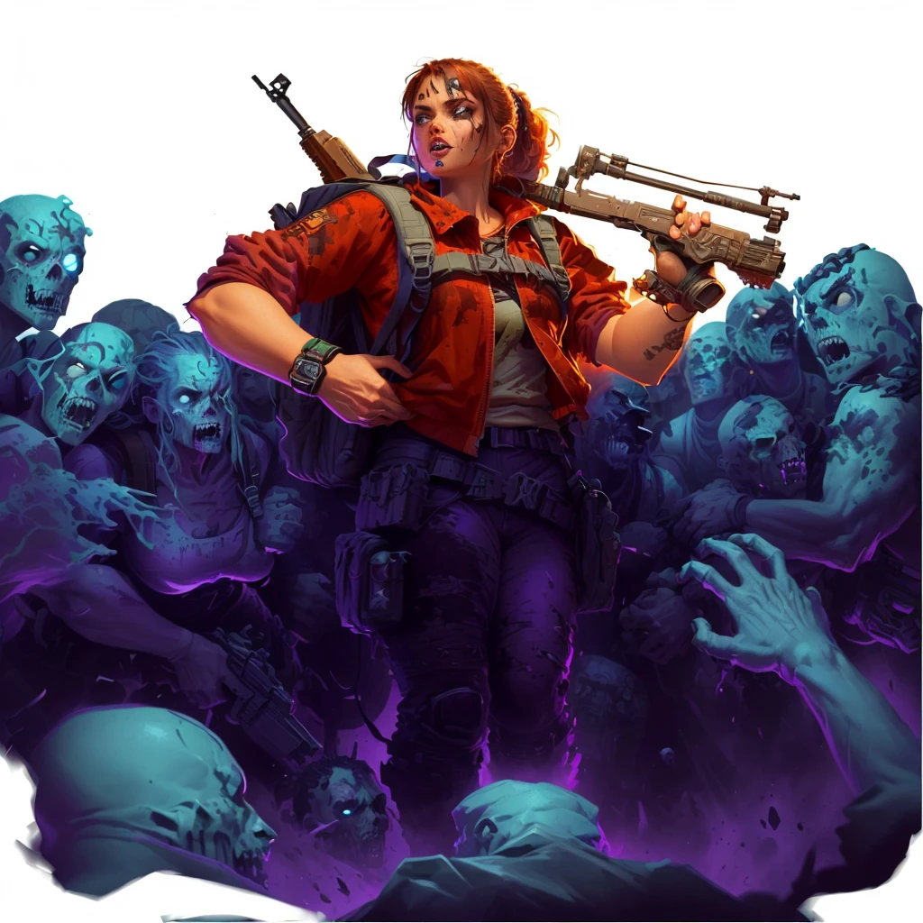 a woman with a backpack standing in front of a bunch of zombies, background artwork, character art the contra, horde of zombies, epic full color illustration, epic digital art illustration, zombie in horror concept art, james edmiston, epic game portrait, inspired by Alex Horley, by Alex Horley, epic video game art, detailed game art illustration