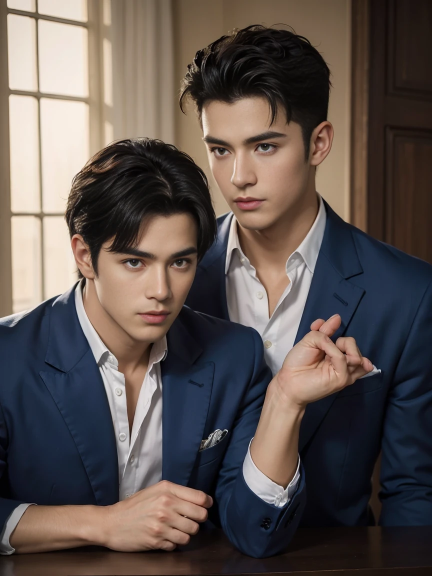((masterpiece)),((best quality)),8K,high detail,Very detailed, Very manly,3 men, like,fashion pose, Realistic skin texture, Light,
Royal blue style couple,Perfect hand details
