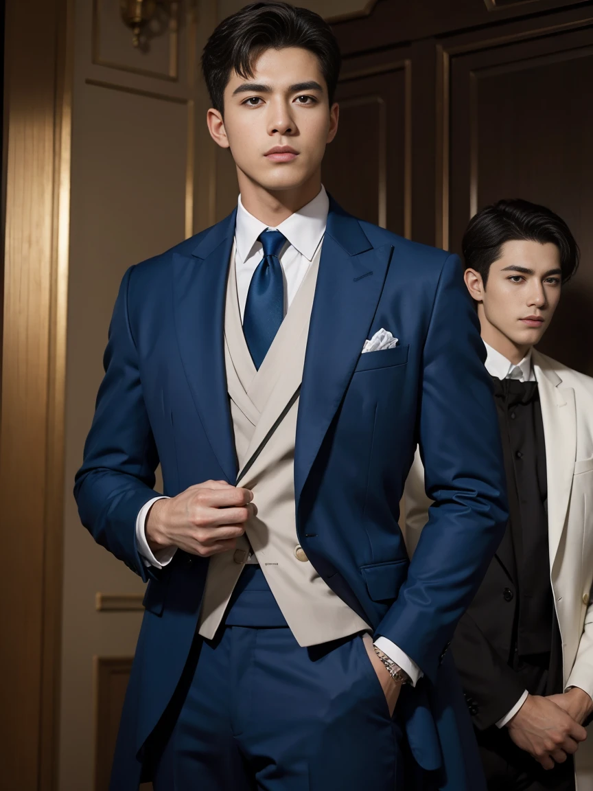 ((masterpiece)),((best quality)),8K,high detail,Very detailed, Very manly，3 men, like，fashion pose, Realistic skin texture, Light,
Royal blue style couple，Perfect hand details