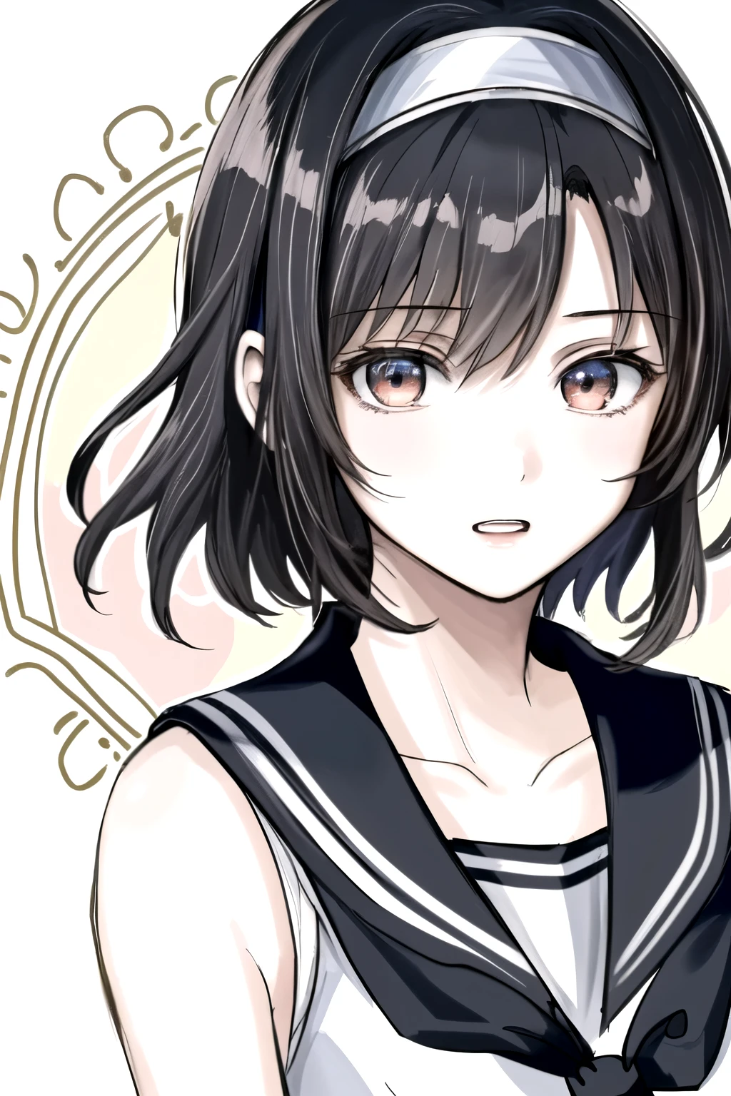 ((Masterpiece)),((High quality)),((High resolution)),((Extremely accurate and detailed representation of the human body)), An 18-year-old girl. Japanese. Wears a short-sleeved sailor uniform. Short hair. Hairband. Has a mysterious and enigmatic aura with elements of horror.