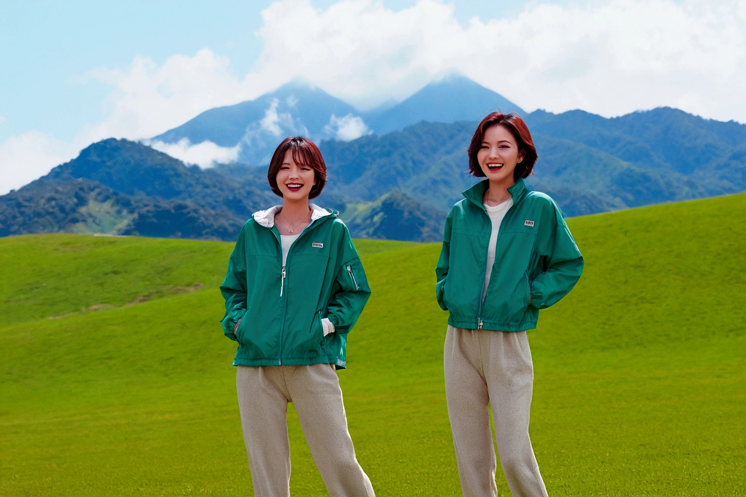 high quality, 1 woman, ((36 years old 건강한 한국 여성)), ((36 years old)), 1 woman, short, The eyes are big and beautiful. ((slim)), ((short medium hair)), laugh. pose: standing, Luxury brand windbreaker jacket, casual pants, background: 1 woman, California, pasture, Cow, grass, Upper body shot with 35-70 lens, look up to the side