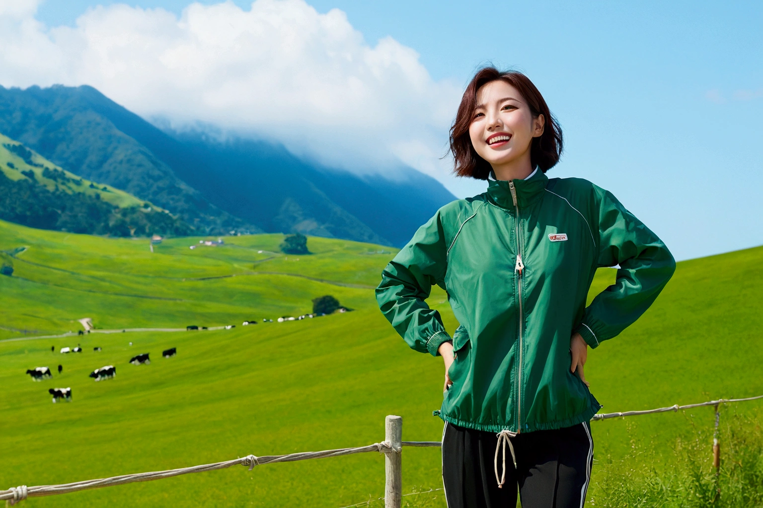 high quality, 1 woman, ((36 years old 건강한 한국 여성)), ((36 years old)), 1 woman, short, The eyes are big and beautiful. ((slim)), ((short medium hair)), laugh. pose: standing, Luxury brand windbreaker jacket, casual pants, background: 1 woman, California, pasture, Cow, grass, Upper body shot with 35-70 lens, look up to the side
